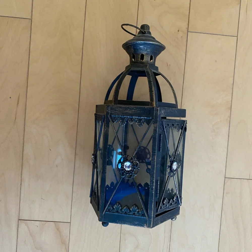 Vintage Candle Holder Black and Gold Lantern With Embellishment